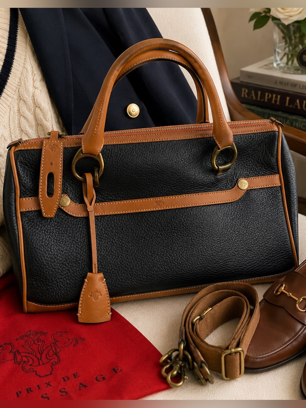 Prix de Dressage Leather Satchel Navy Tan Equestrian Quiet Luxury Bag